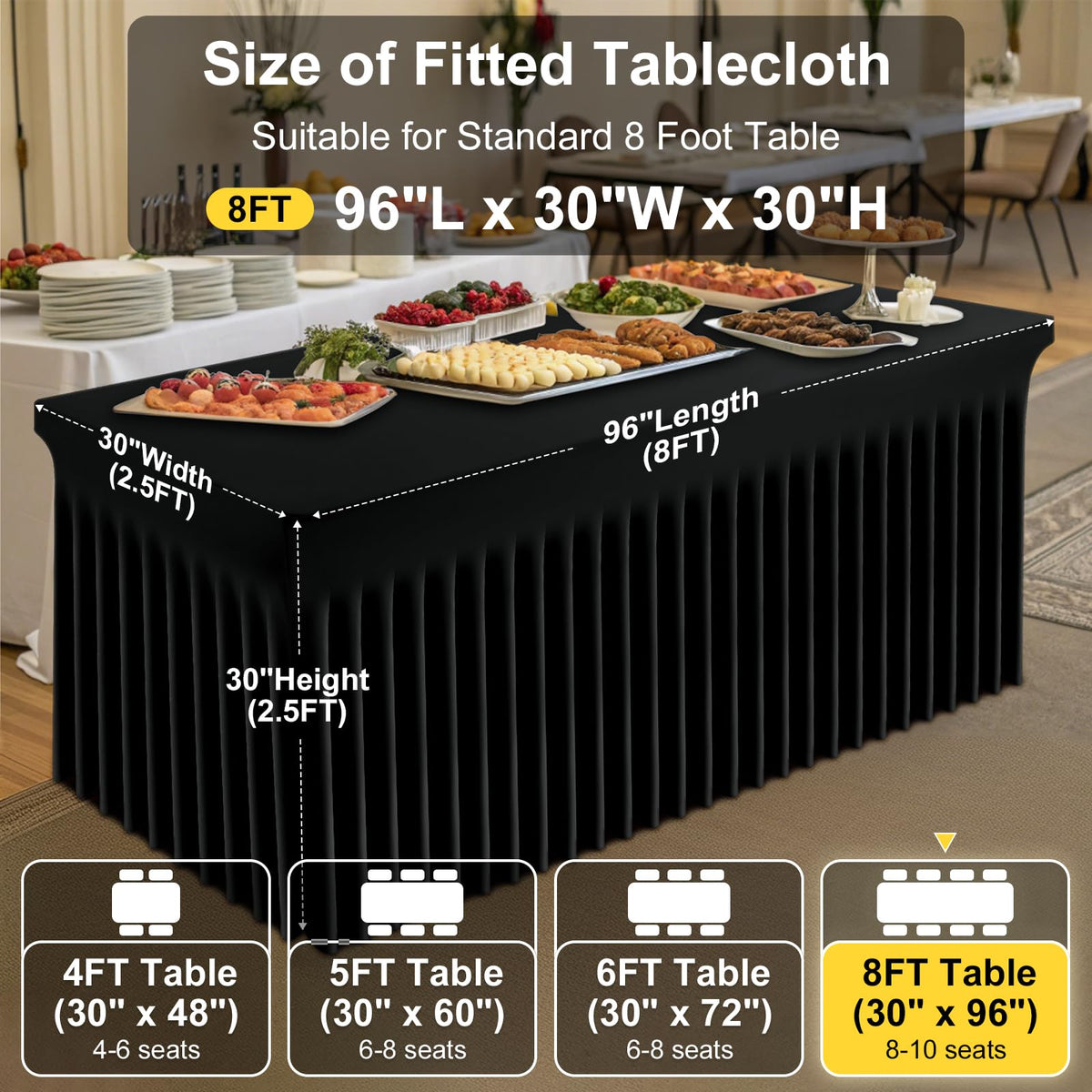 Smiry 8-foot table dimensions ensure proper fit on standard banquet tables