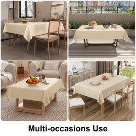 Smiry beige 60x102 tablecloth fits standard rectangular tables.