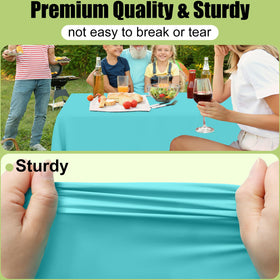 Close-up of Smiry teal table cloth showing waterproof PEVA material