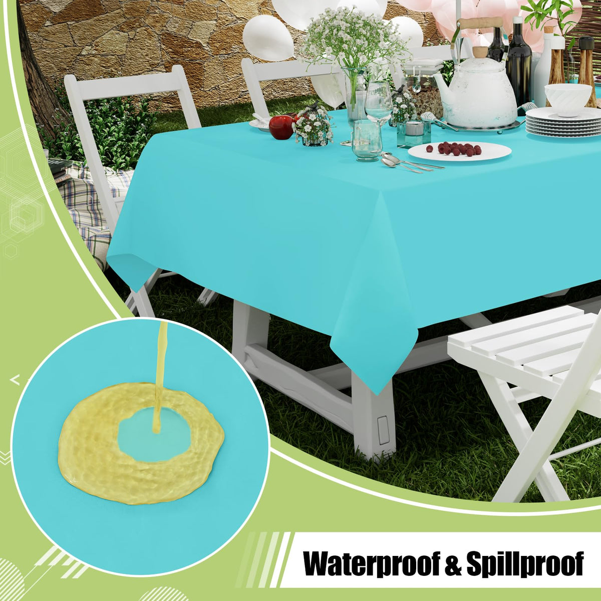 Smiry teal rectangular table cloth spread on a dining table outdoors