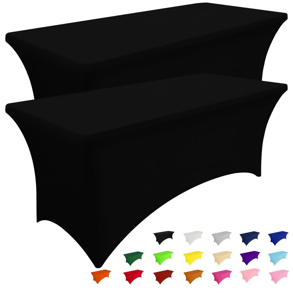 Smiry two-pack tablecloth shows elastic leg pockets for a secure folding-table fit