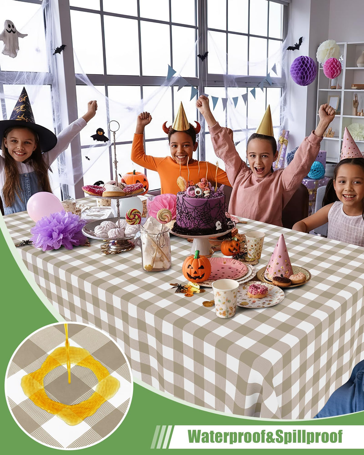 Smiry waterproof gingham tablecloth keeps picnic tables clean during meals.