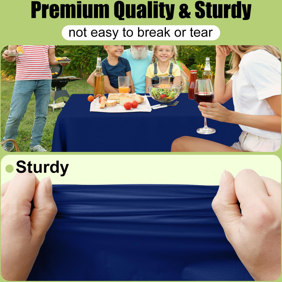 Smiry navy waterproof tablecloth on table protecting surfaces from spills