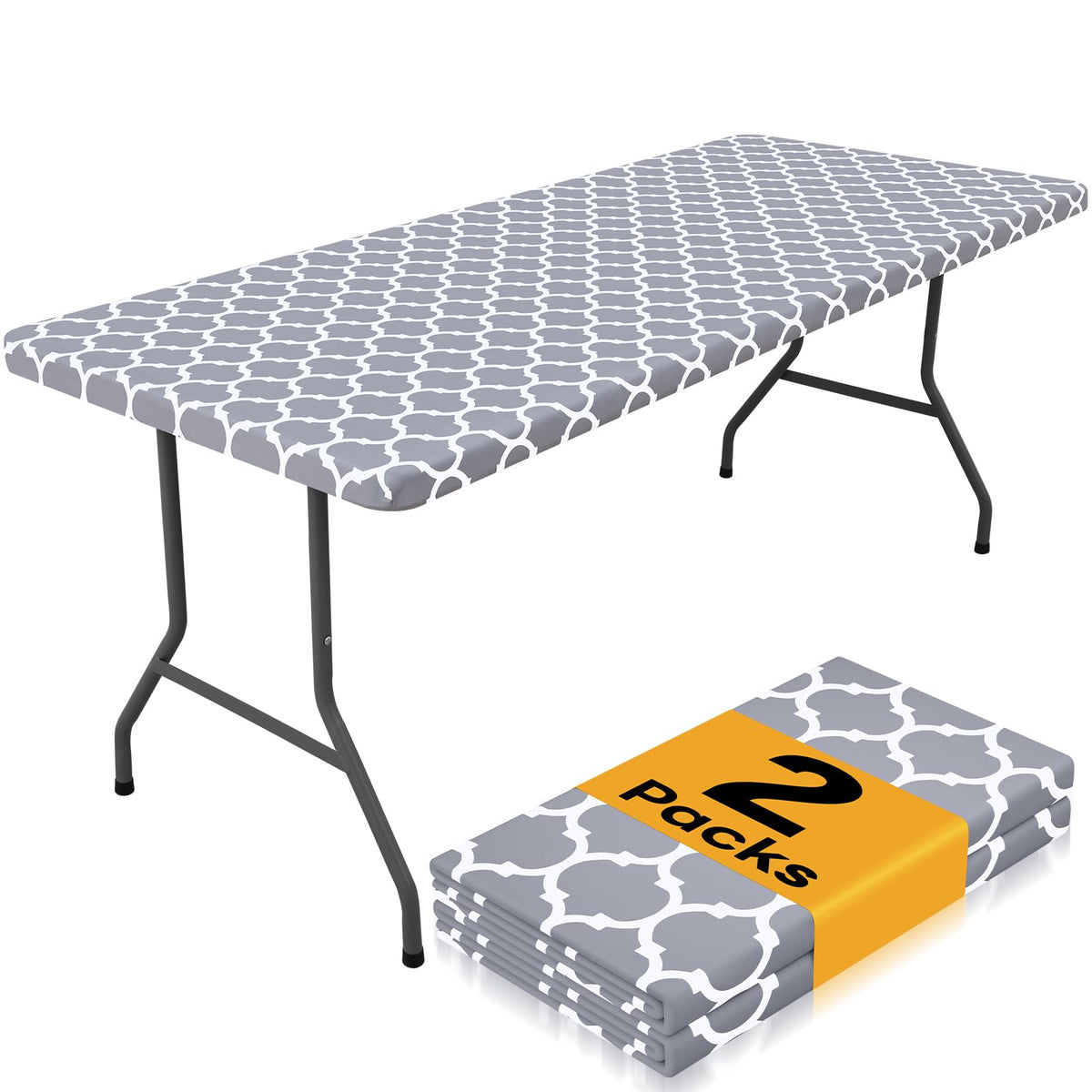 Smiry waterproof tablecloth on a 6-foot gray rectangle protecting outdoor dining from spills