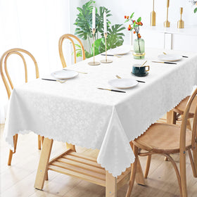 Smiry white rectangle tablecloth shows waterproof surface ideal for daily spills.