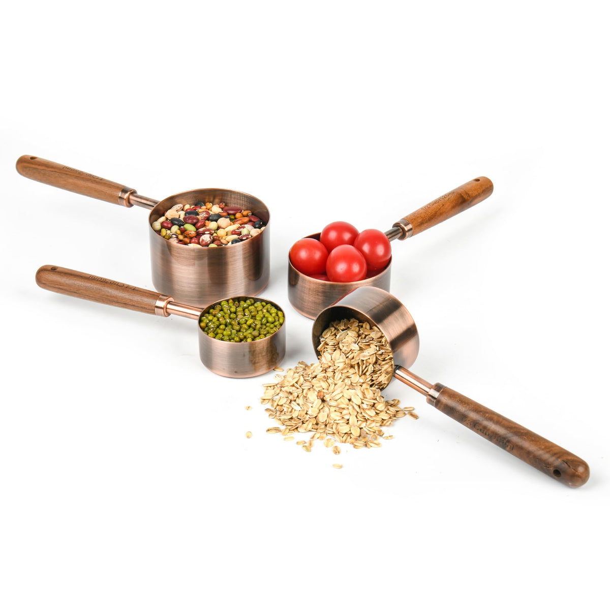Smithcraft copper measuring cup 1/4-cup 60ml with wood handle for spill-free pouring.