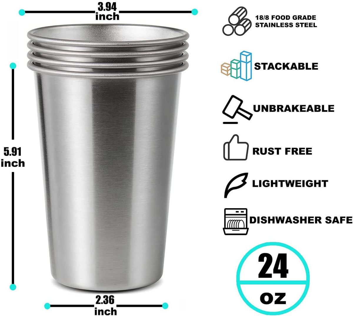 SMLIXE four-pack 24oz pint cups, side view, sturdy metal for outdoor adventures.