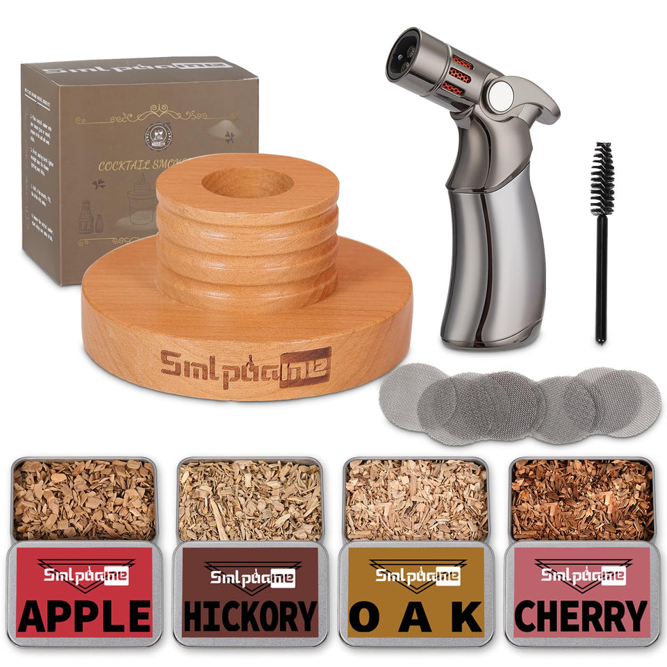 Smlpuame whiskey smoker kit with torch over a glass delivering a dramatic, rich smoky aroma