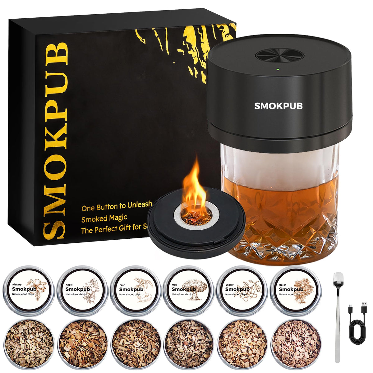 Smokpub electric whiskey smoker kit front view showing sleek rechargeable design