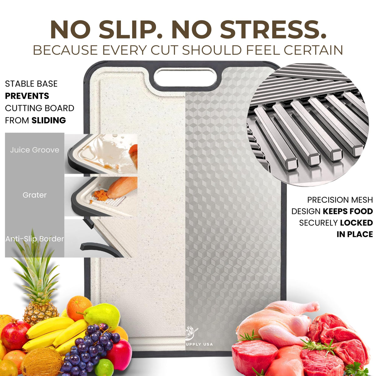 Smoky Supply USA anti-slip base keeps the board steady while cutting.