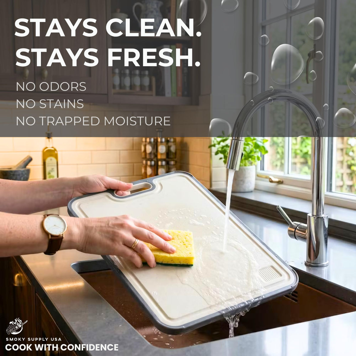 Smoky Supply USA juice groove catches liquids to protect countertops.