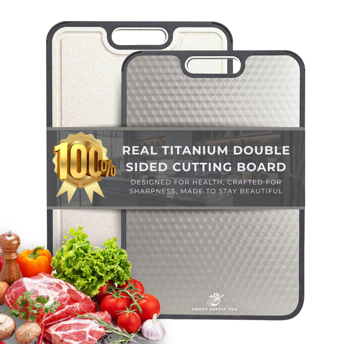 Smoky Supply USA titanium cutting board offers a durable surface for heavy-duty slicing.
