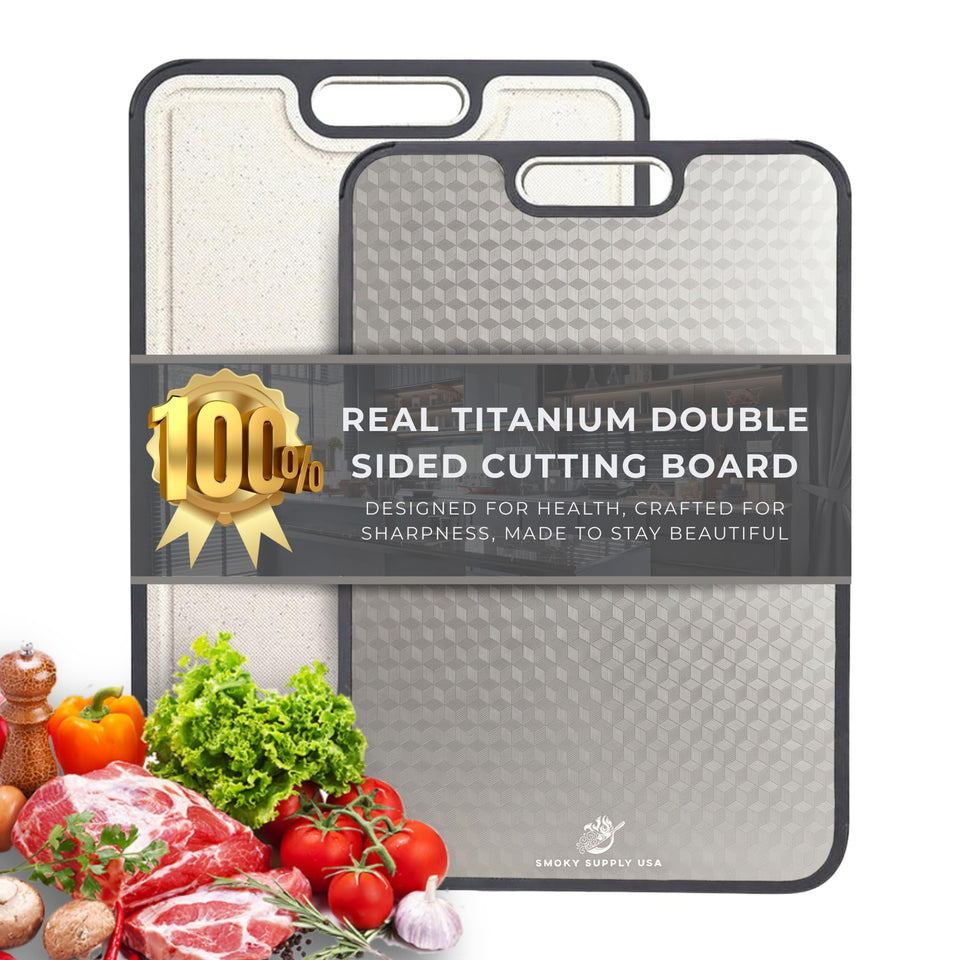 Smoky Supply USA titanium cutting board offers a durable surface for heavy-duty slicing.