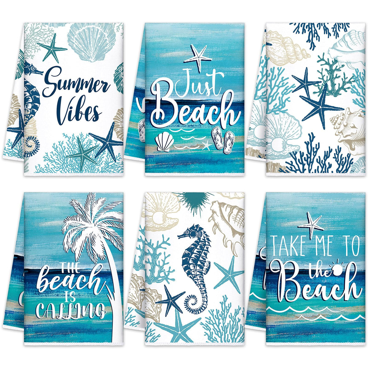 SmoothNovelty coastal beach towels in a six-pack design for kitchen drying and decor.