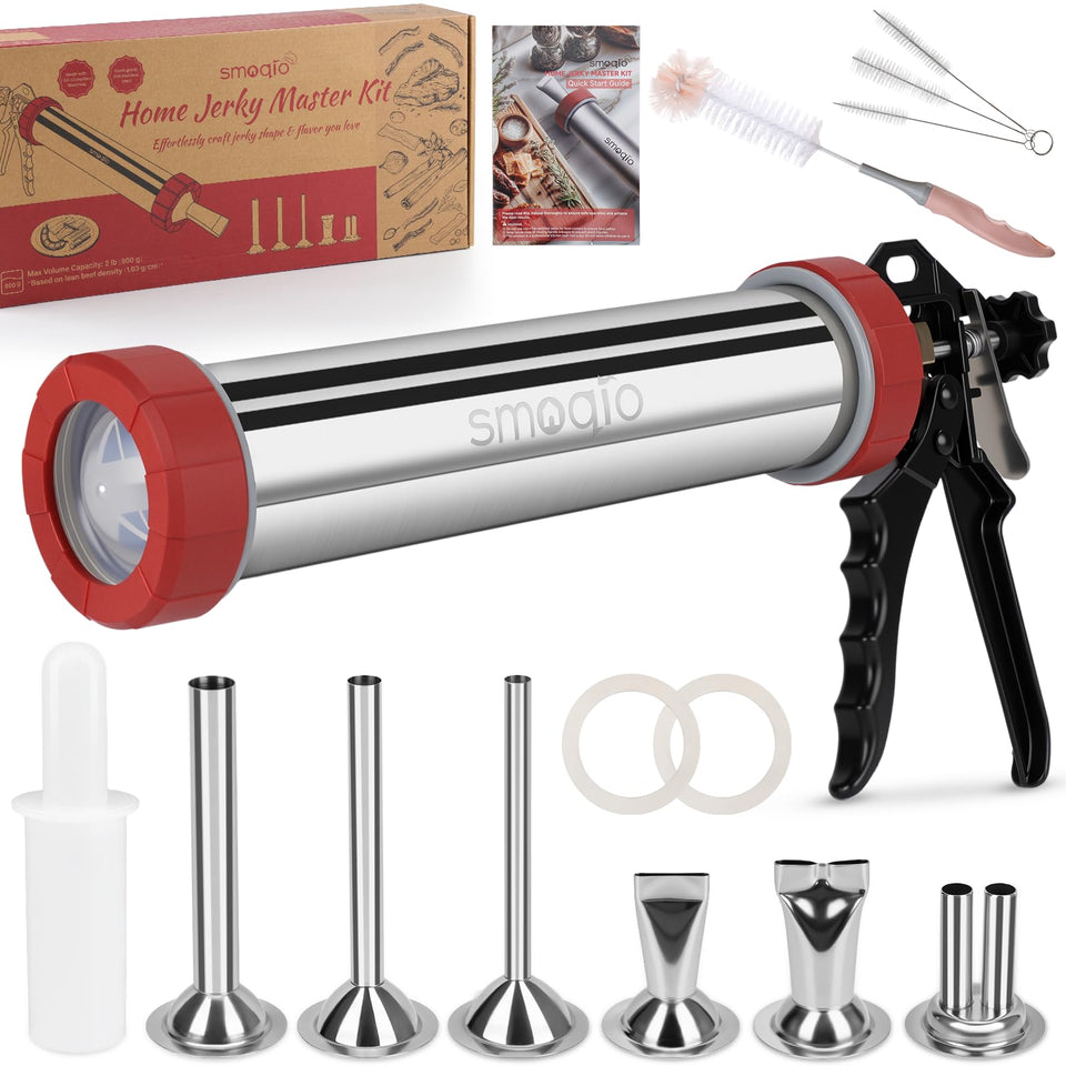 SMOQIO jerky gun shows durable barrel and nozzles for consistent extrusion.