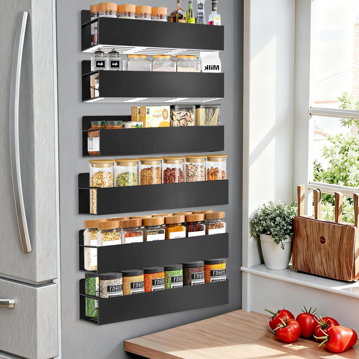 SMRCAD magnetic spice rack attached to fridge side for quick spice access.