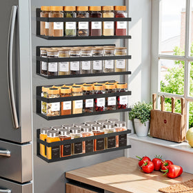 SMRCAD magnetic spice rack on refrigerator for easy access to spices.