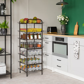 smusei kitchen pantry rack holds bottles and cans to free counter space.