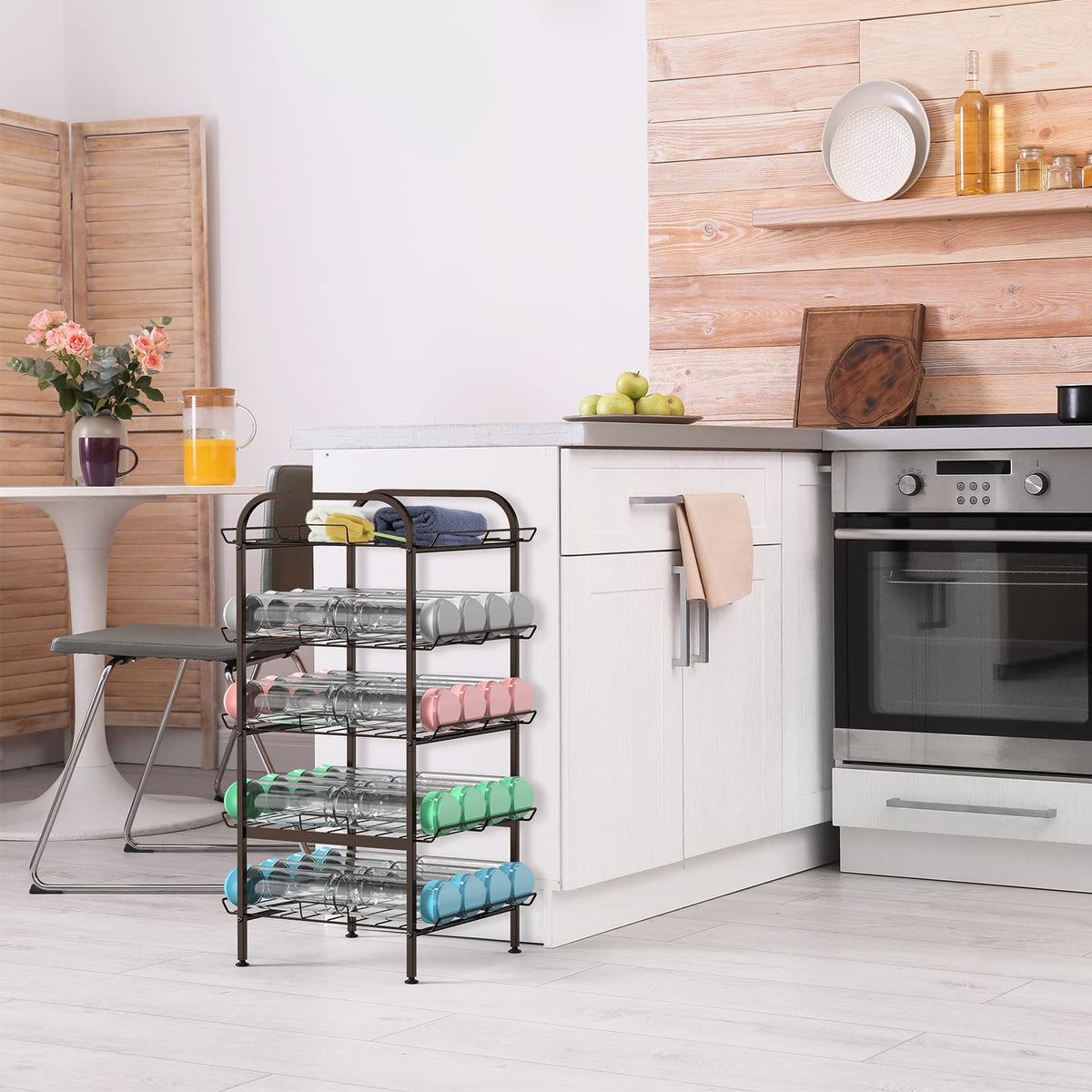 Smusei pantry storage rack, assembled view, demonstrates organized space for bottles and cans