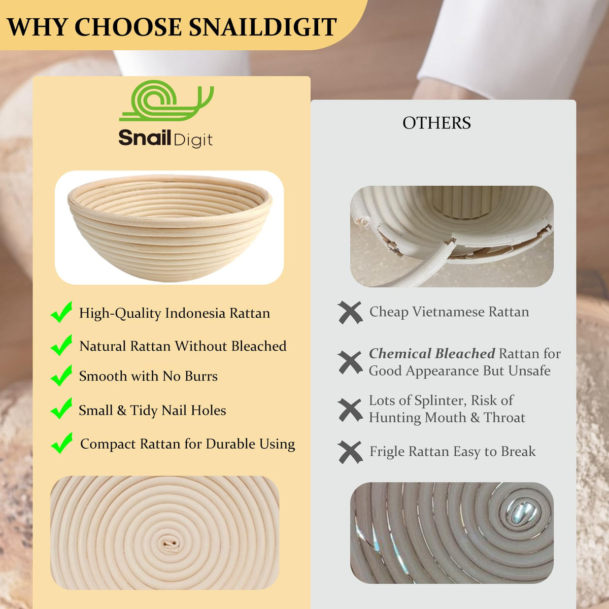 SnailDigit Banneton dough-proofing-bowl showcases natural weave for steady moisture distribution.