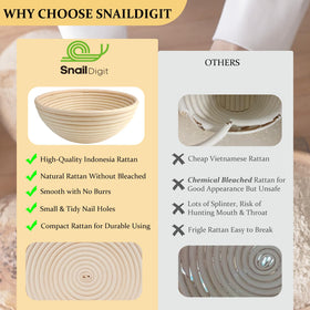SnailDigit Banneton dough-proofing-bowl showcases natural weave for steady moisture distribution.