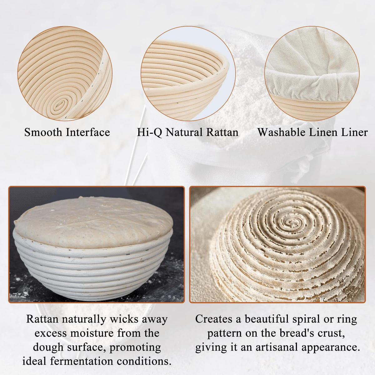 SnailDigit Banneton natural-rattan-material highlights chemical-free construction for safe dough contact.