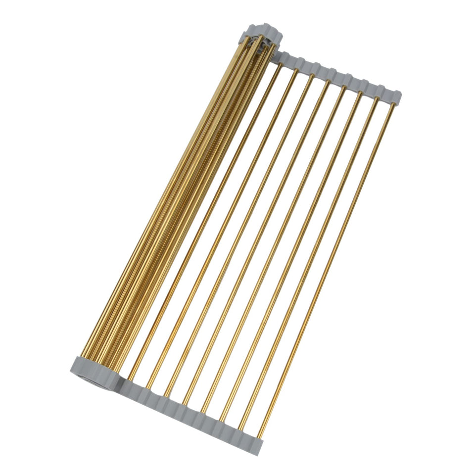 Snailhouse roll-up dish drying rack over the sink in gold, saving counter space.