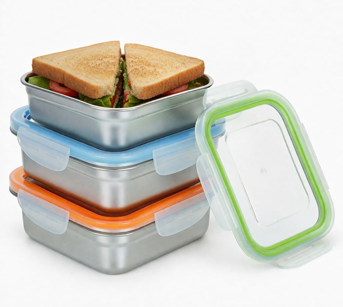 SnapMate 3-pack blue-front view shows durable stainless steel sandwich containers for fresh lunches.