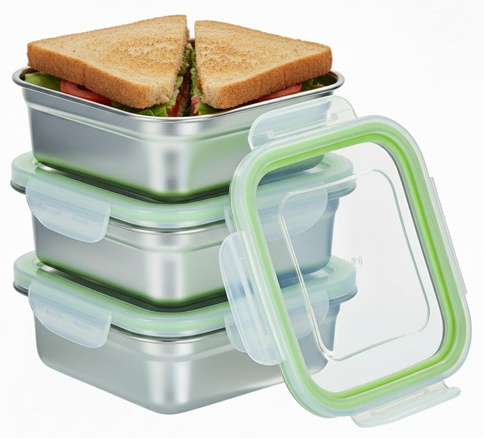 SnapMate set of three stainless steel sandwich containers for versatile lunch storage