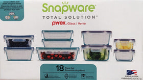Snapware 18-piece glass storage set with purple and blue lids for fresh leftovers.