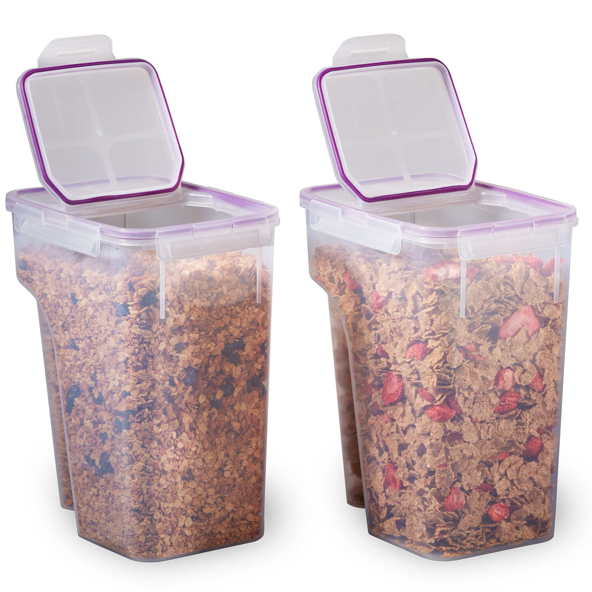 Snapware airtight two-pack 22.8-cup container pour enables easy cereal serving.
