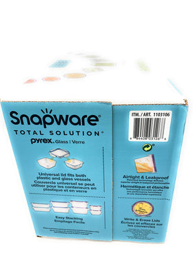Nestable design of Snapware set saves space in kitchen cabinets.