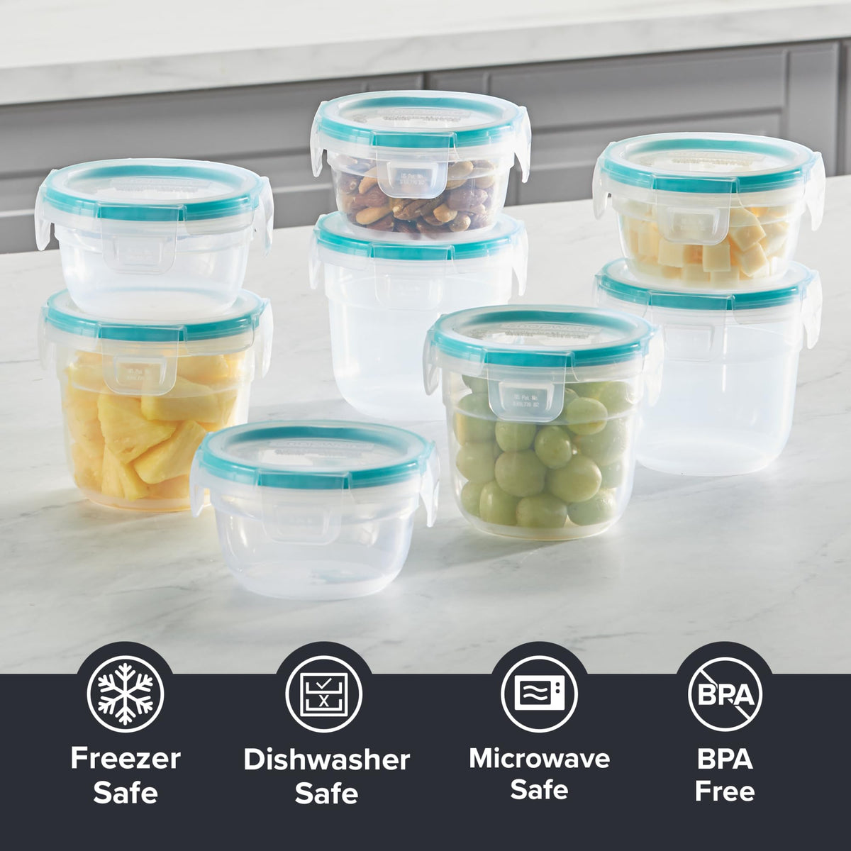Snapware dishwasher-safe and freezer-safe design supports batch prep and long-term storage