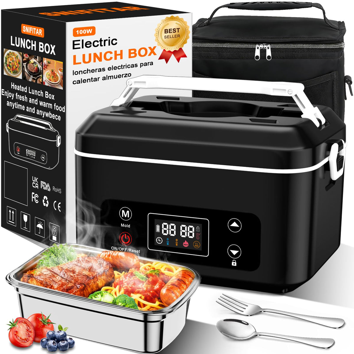 SNIFITAR heated lunch box showing battery powered heating for on the go meals