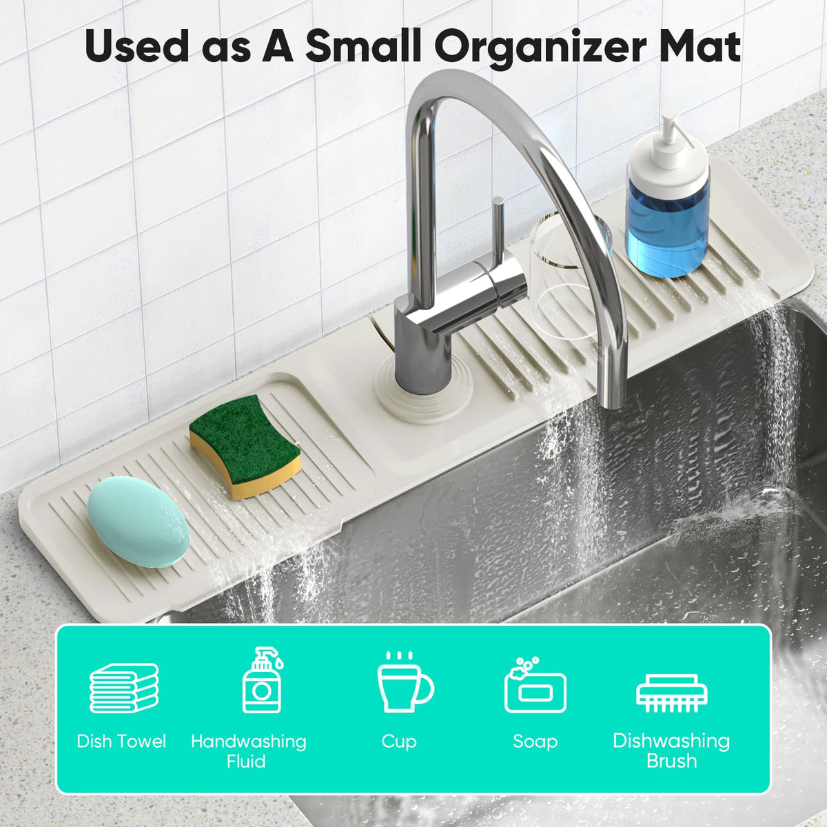 Snoquir 24in beige faucet mat in kitchen view beside sink.
