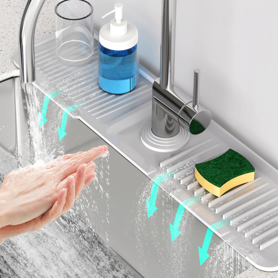 Snoquir 24in faucet mat covers full sink area for splash guard.