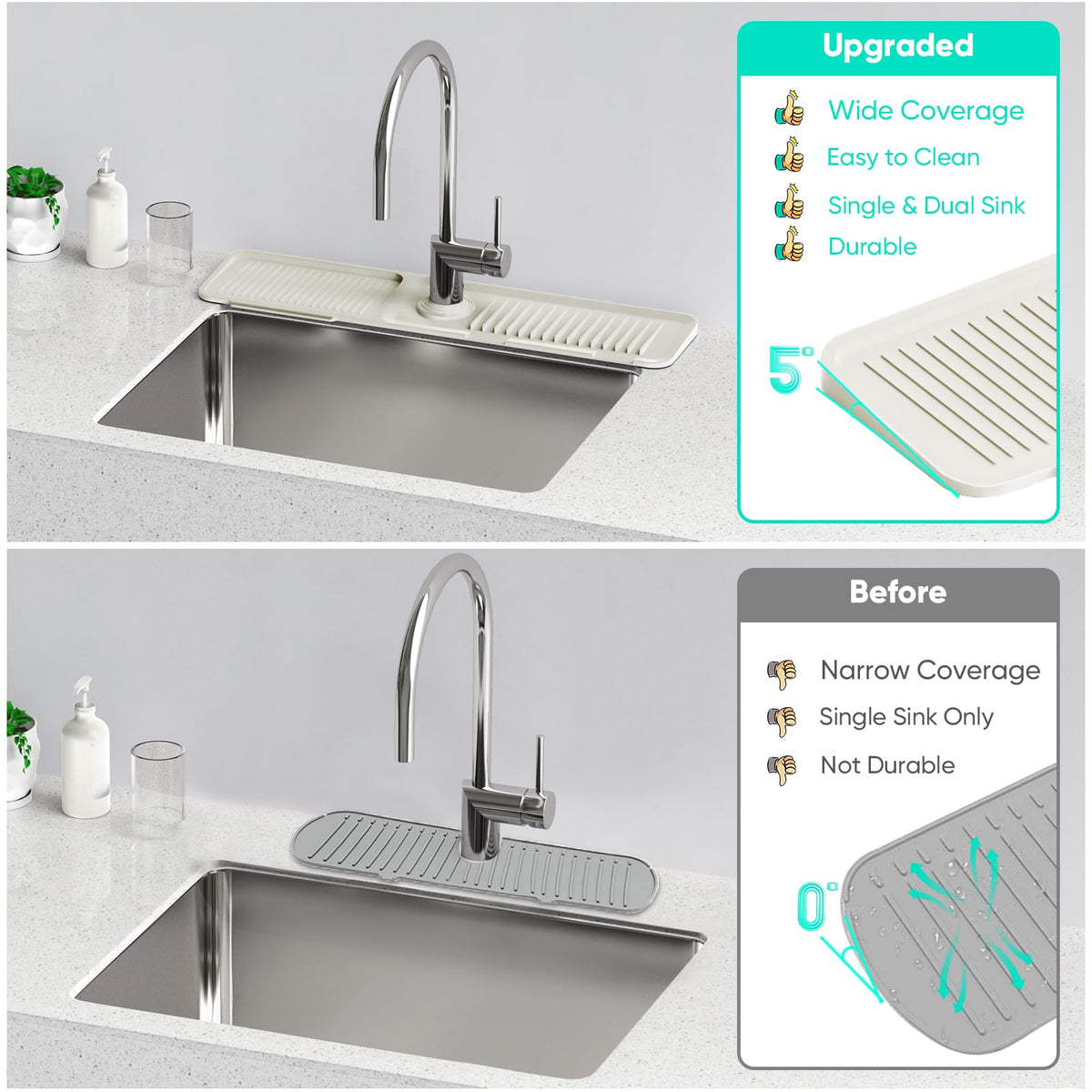Snoquir cuttable hole design allows faucet fit without leaks.