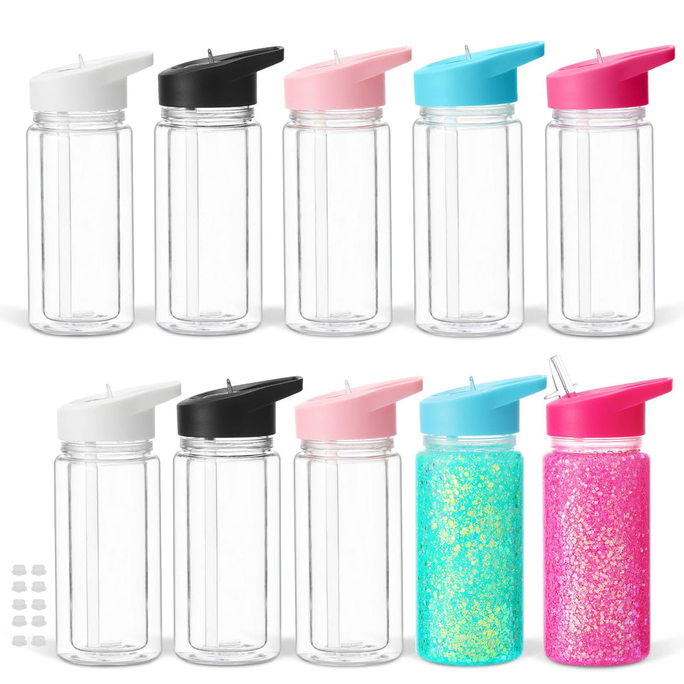 Snoverre snowglobe tumbler with mixed glitter colors for playful drinks on the go.