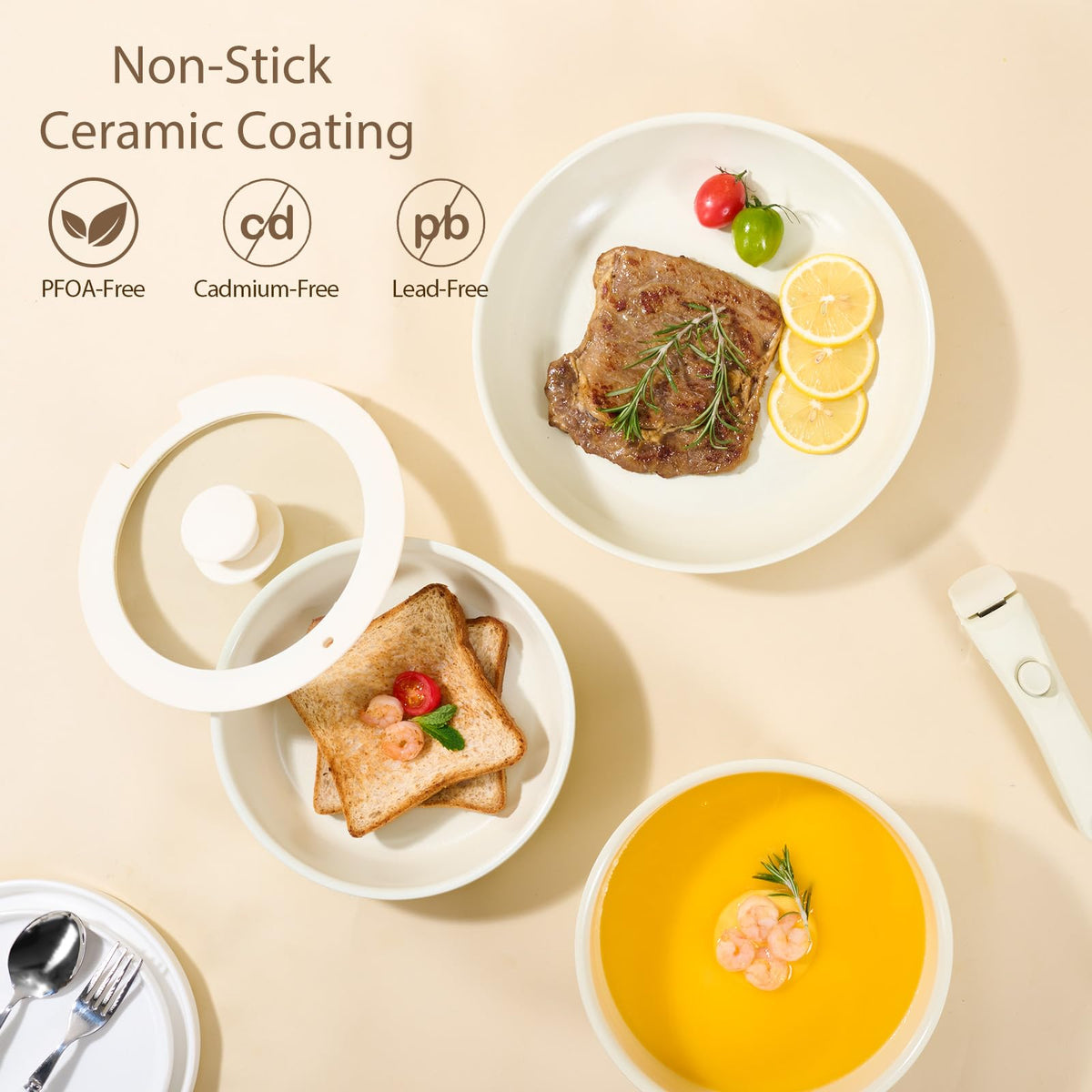 SnowClad 16-piece set arranged with frying pans and saucepans for versatile meals.