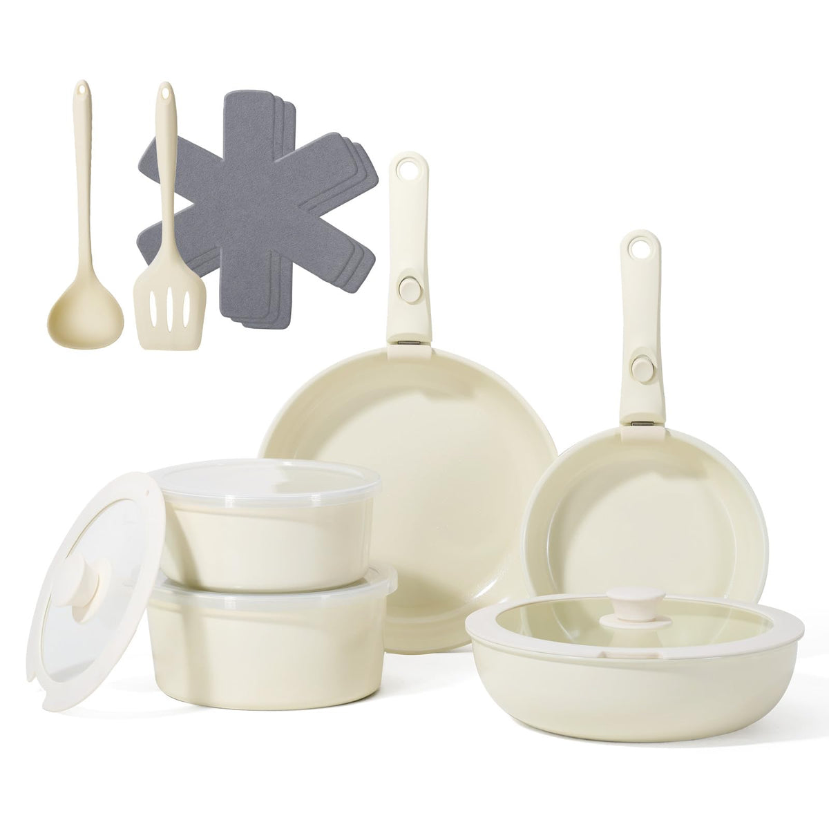 SnowClad detachable-handle pots set showing space-saving design for organized kitchens.