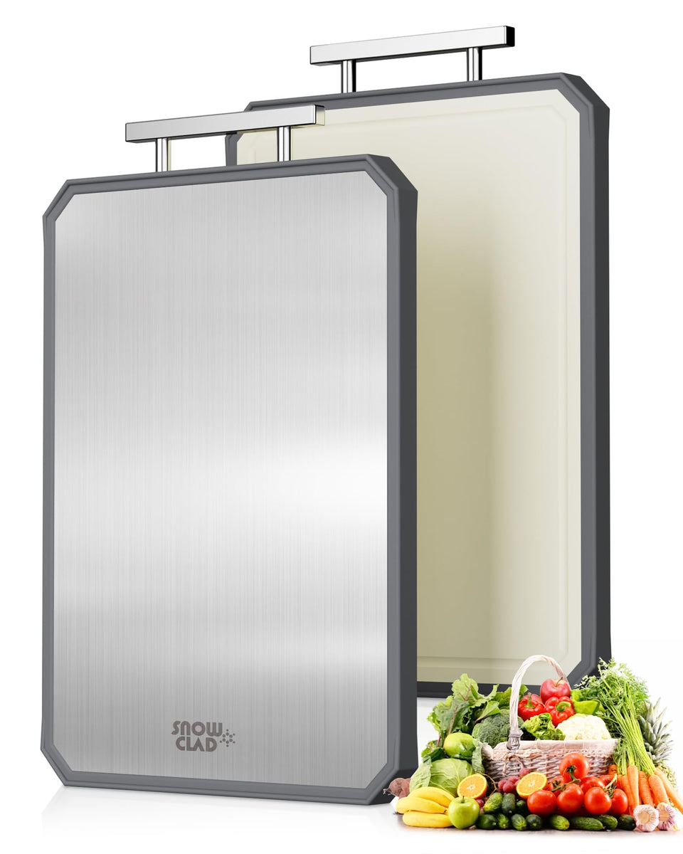 SNOWCLAD dual-faced cutting board with stainless steel meat side for clean slicing
