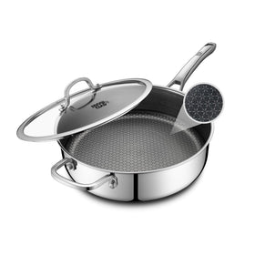 Snowclad frying pan with lid on for easy, covered cooking and even heat distribution.
