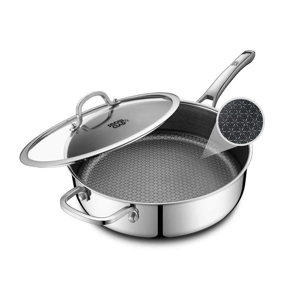 Snowclad frying pan with lid on for easy, covered cooking and even heat distribution.