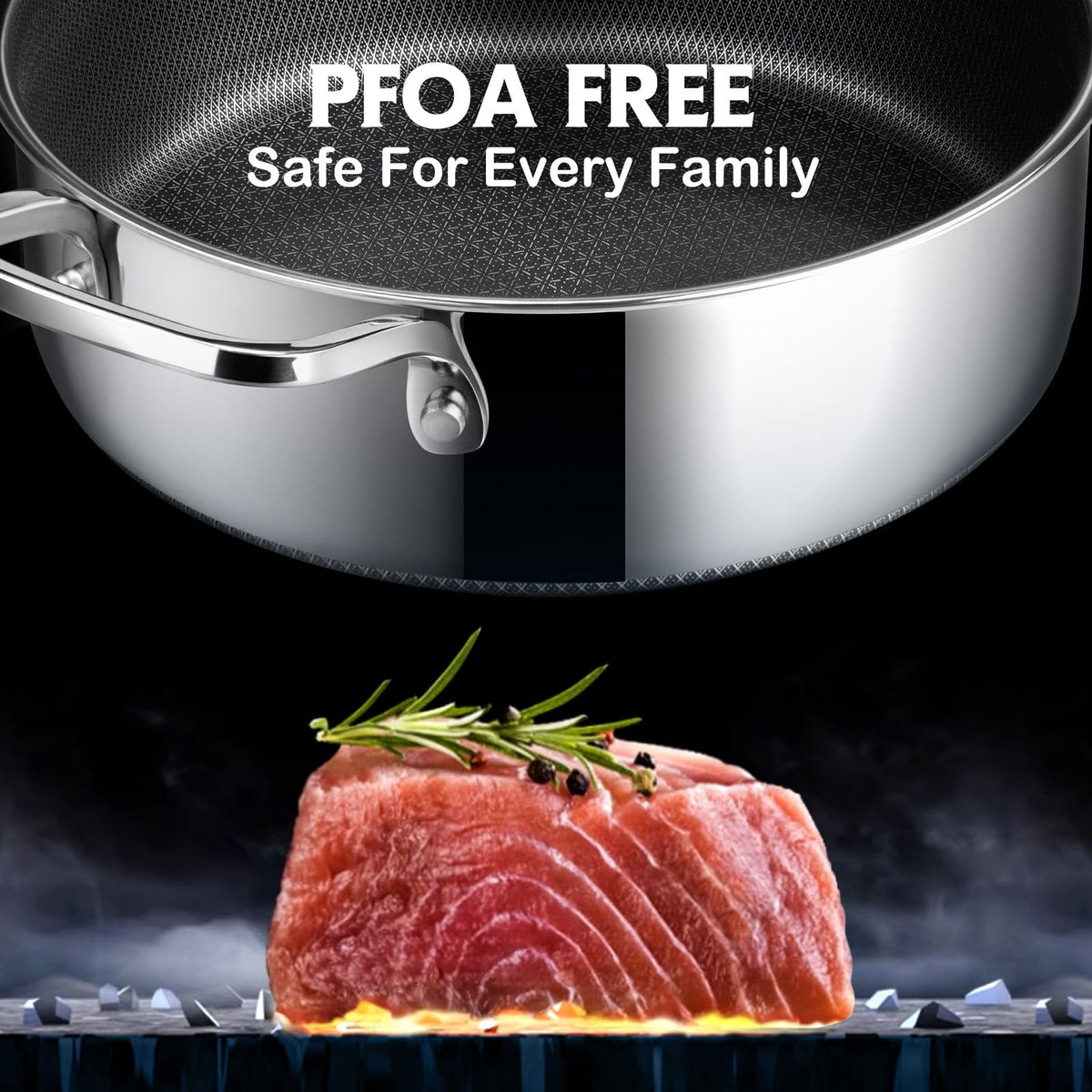 Snowclad frying pan nonstick surface focuses on low-fat cooking and easy cleanup.