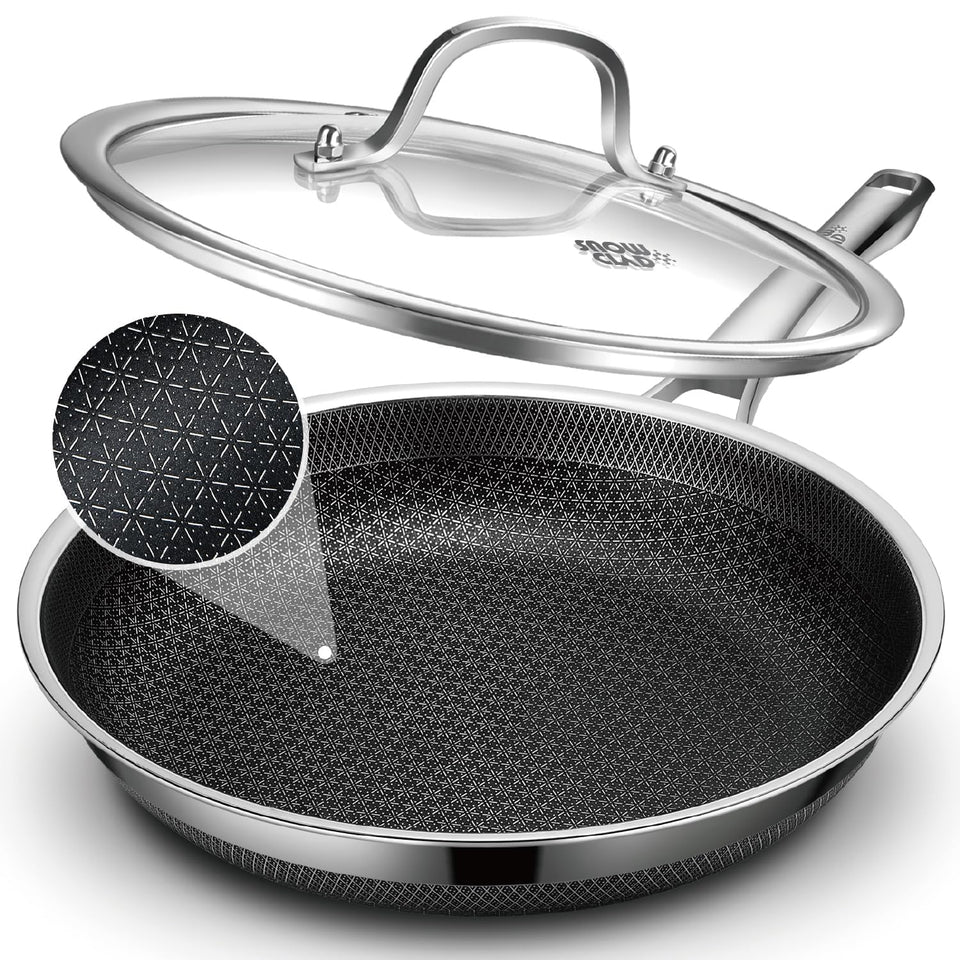 SNOWCLAD Hybrid Nonstick Pan 12-inch top view shows even heat for easy sautéing.