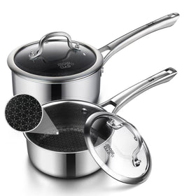 Snowclad 1.5 qt sauce pan with lid showing durable nonstick for easy browning.