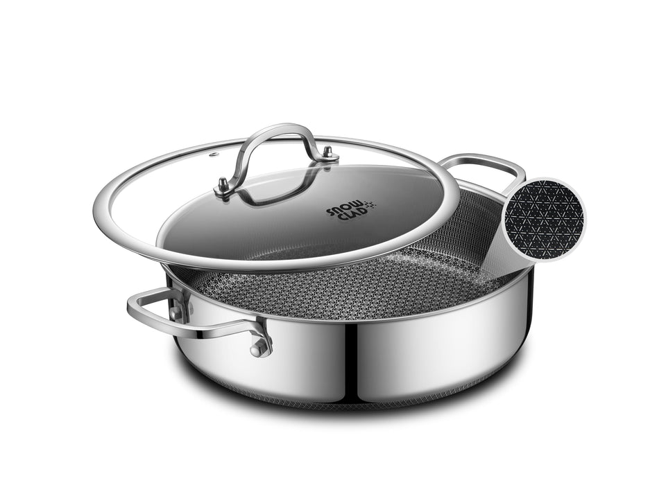 SNOWCLAD saute pan with lid enables even heat for braising and sautéing.