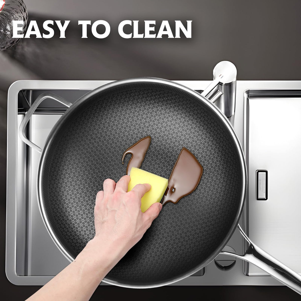 Snowclad Wok dishwasher-safe claim highlighting easy cleanup
