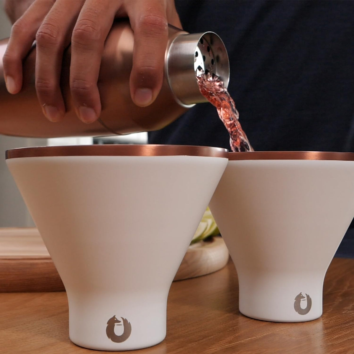 Snowfox stemless martini glass design for easy sipping.