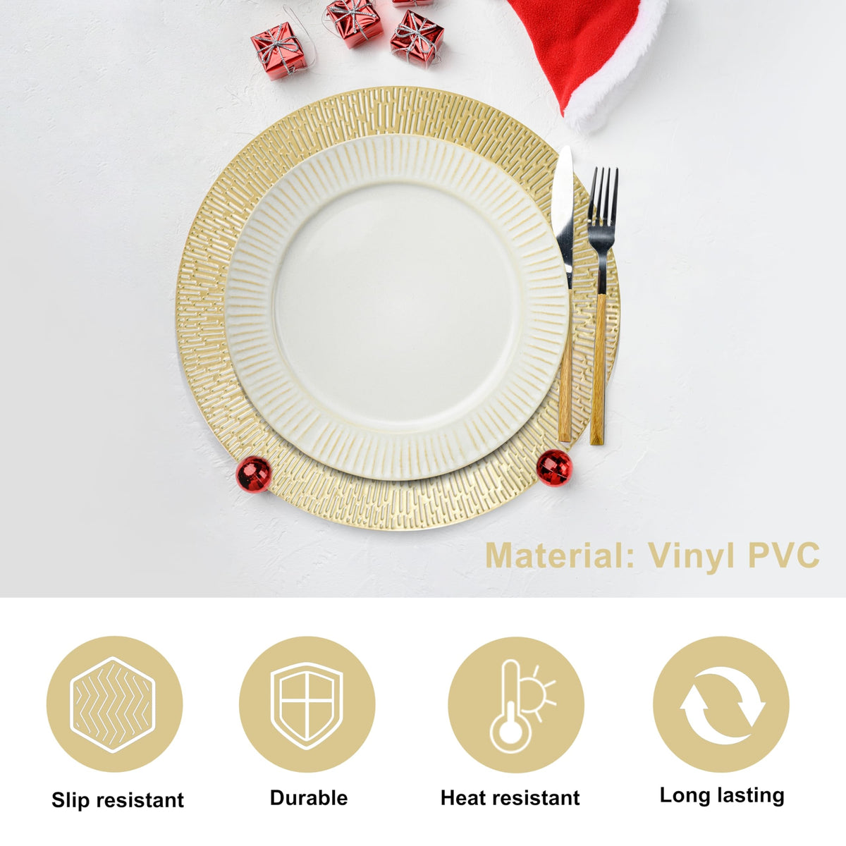 Snowkingdom gold-tone placemats serve as a tasteful centerpiece.